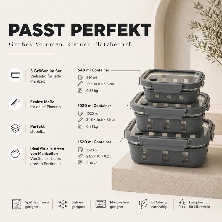 Meal Prep Boxen Set 1x640ml, 1x 1020ml, 1x1520ml – Borosilikatglas, auslaufsicher, stapelbar, mikrow