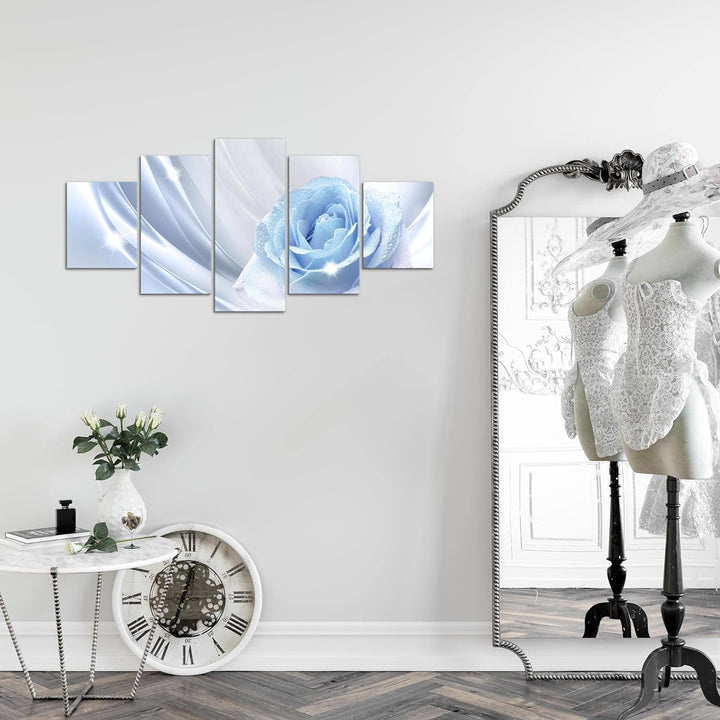 Runa Art Wandbilder Blumen Rose 5 Teilig Bild auf Vlies Leinwand Deko Wohnzimmer Vintage Blau Grau 2