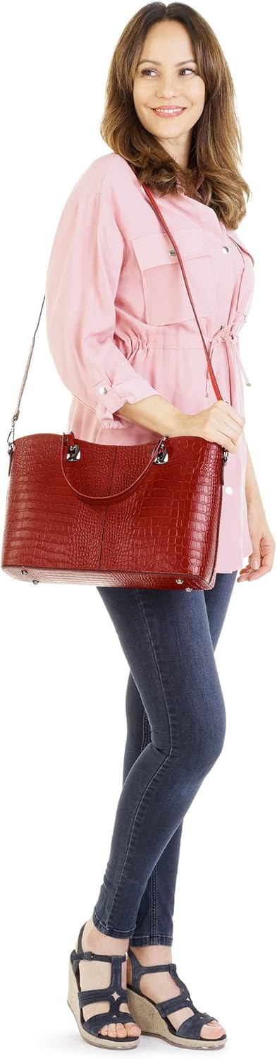 Handtasche Echt Leder Damen Made in Italy, Smartphonefach, Damenhandtasche im Kroko-Design, Umhänget