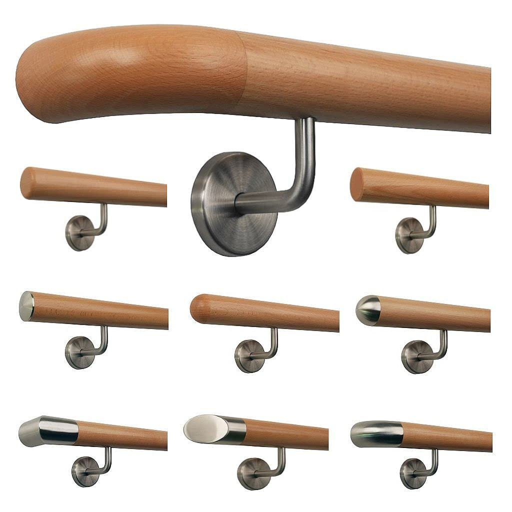 TIBU Buche Geländer Handlauf Treppe Holz Griff gew. Edelstahlhalter, Länge 30 - 500 cm aus einem Stü