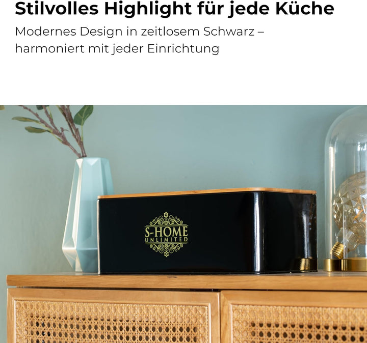 Brotkasten Metall Schwarz mit Bambusdeckel | 2-in-1 Brotbox & Schneidebrett | Belüftete Brotaufbewah