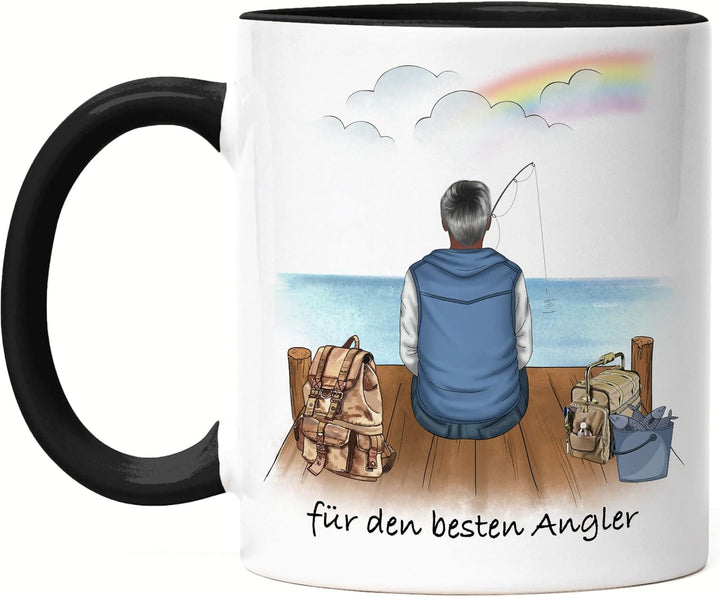 Angler Tasse Schwarz Personalisiert Individuell mit Name Angeln Fischen Geschenk Opa Vater zum Vater