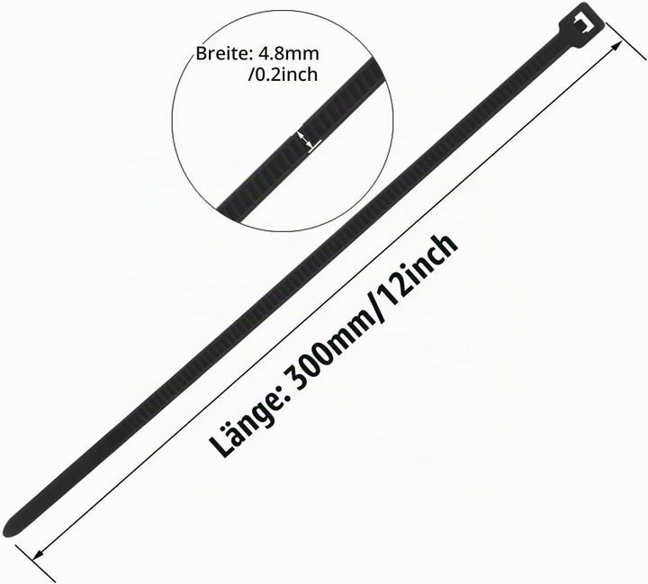 500 Stücks 300mm x 4.8mm Nylon Kabelbinder uv bestaendig Selbstsichernde Kunststoff Kabelbinder UV B