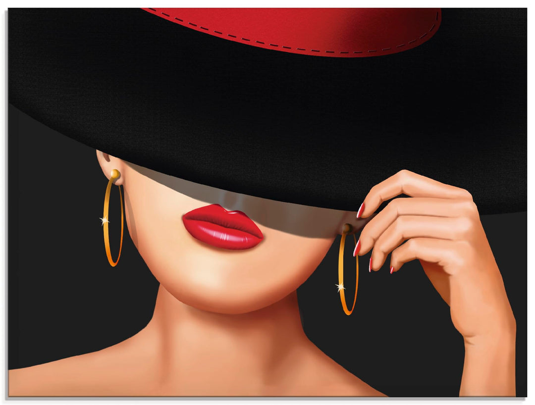 ARTland Glasbilder Wandbild Glas Bild einteilig 60 x 45 cm Elegant Schick Dame Lady Hut Ohrringe Lip