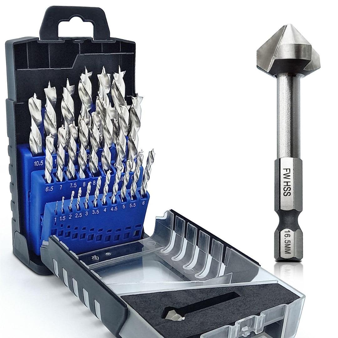 Falkenwald Holzbohrer Set 1-13mm + Kegelsenker 26tlg. - HSS-G Bohrerset für präzise und saubere Bohr