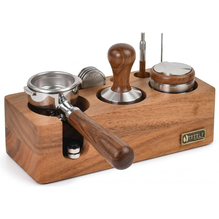 Espresso Tamperstation 58mm Tamperstation mit Abklopfbehälter Holz | Coffee Tamping Station 5 Steckp
