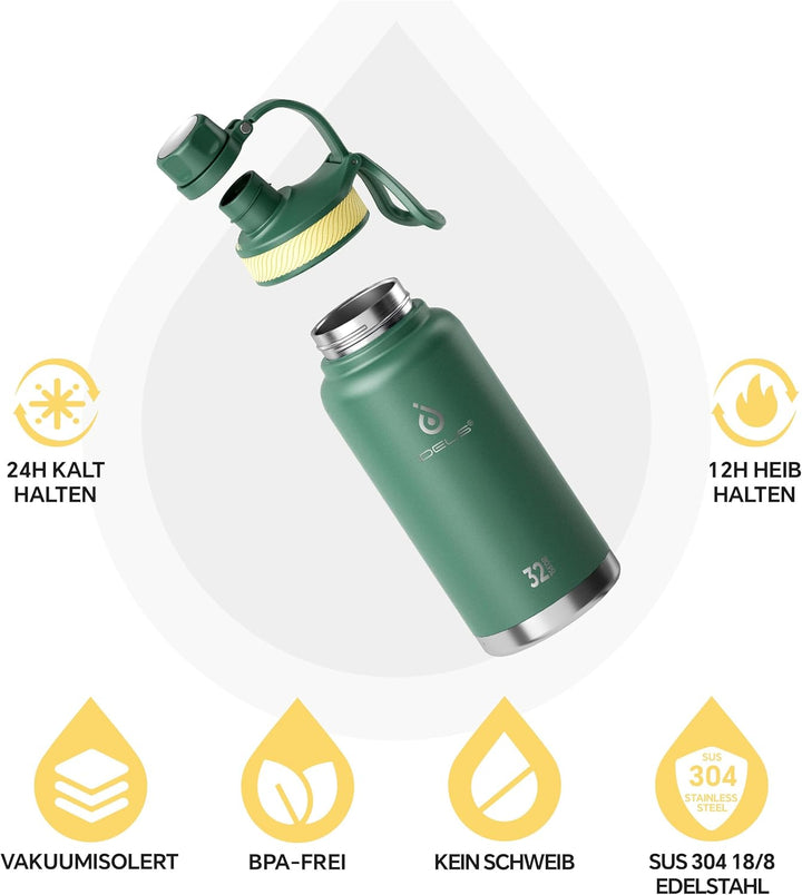 IDEUS Vakuumisolierte Wasserflasche, 32oz (950 ml) Edelstahl Doppelwand Flasche Metall Sport Kantine