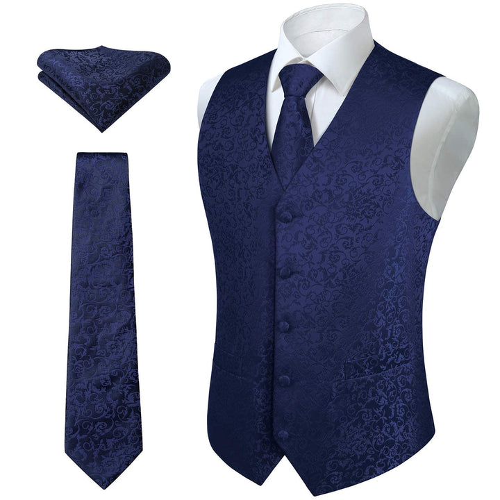 HISDERN Herren FLoral Hochzeit Weste Krawatte Einstecktuch Taschentuch Jacquard Weste Anzug Set XS M