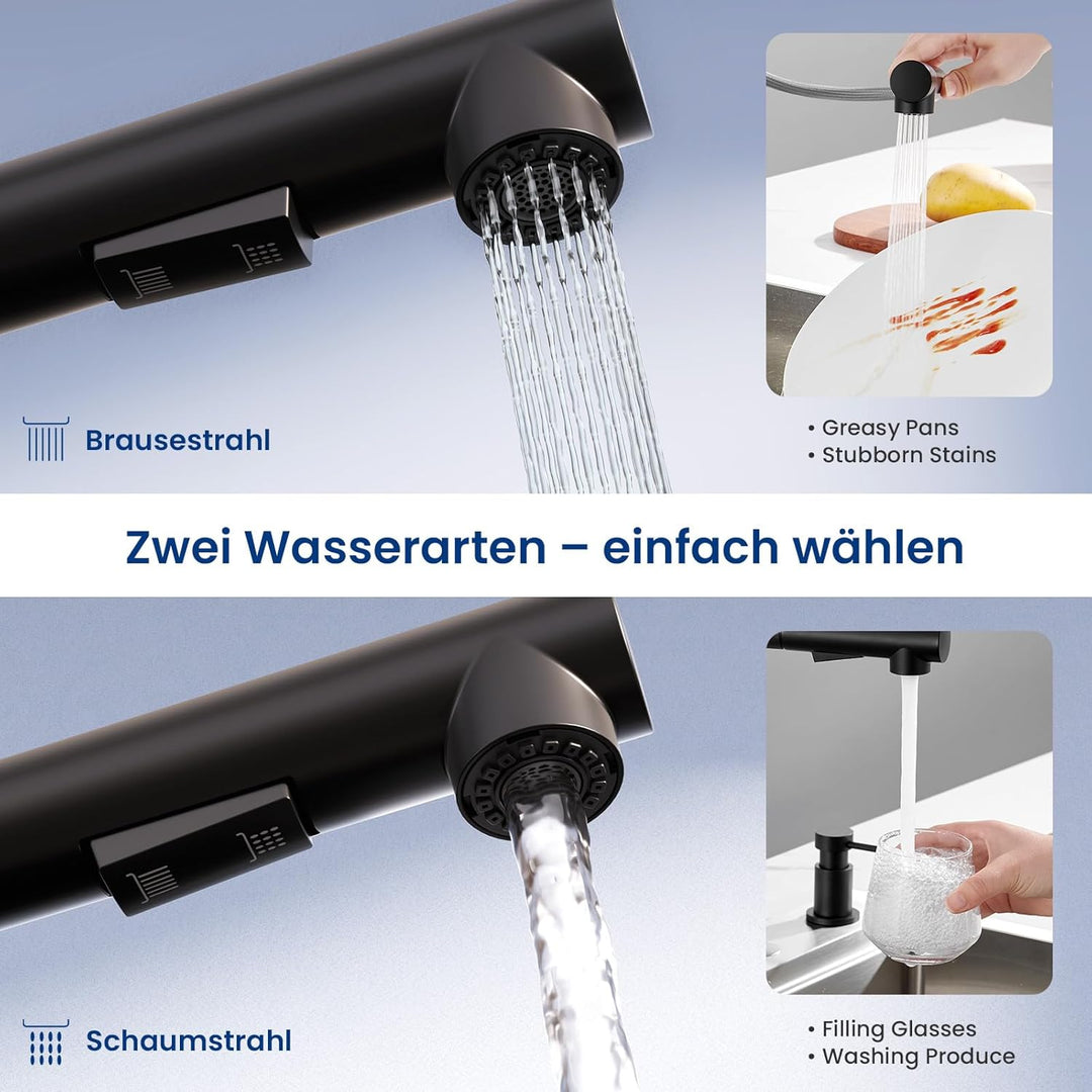 CECIPA Wasserhahn Küche Schwarz Ausziehbar, Küchenarmatur mit Brause Ausziehbar, Mischbatterie küche