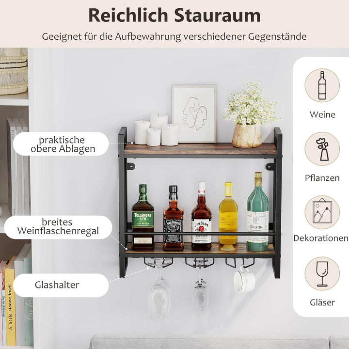 COSTWAY 2 Ebenen Weinregal Wand, Flaschenregal Holz mit Metallrahmen, mit 3 Reihen Weingläserhalter,