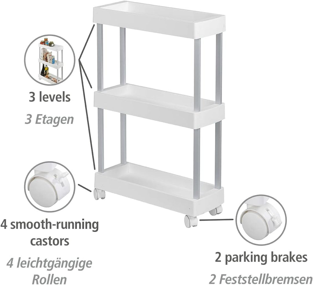 WENKO Rollwagen Mino, Küchenwagen mit 3 Etagen und 4 leichtgängigen Rollen, ideal als Servierwagen,