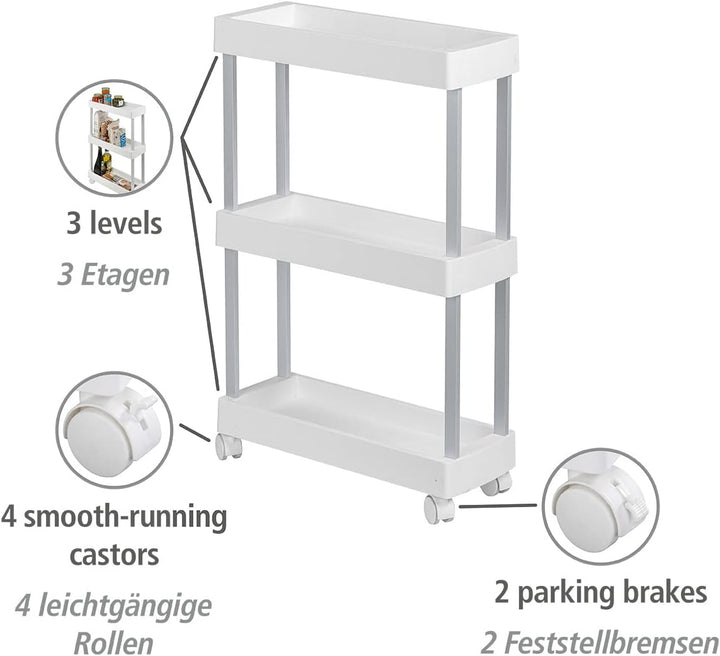 WENKO Rollwagen Mino, Küchenwagen mit 3 Etagen und 4 leichtgängigen Rollen, ideal als Servierwagen,