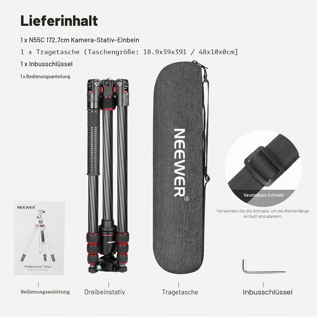Neewer Kohlefaser 168 Zentimeter Stativ Einbeinstativ mit 360 Grad Kugelkopf, 1/4&
