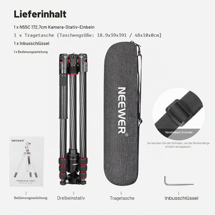 Neewer Kohlefaser 168 Zentimeter Stativ Einbeinstativ mit 360 Grad Kugelkopf, 1/4&