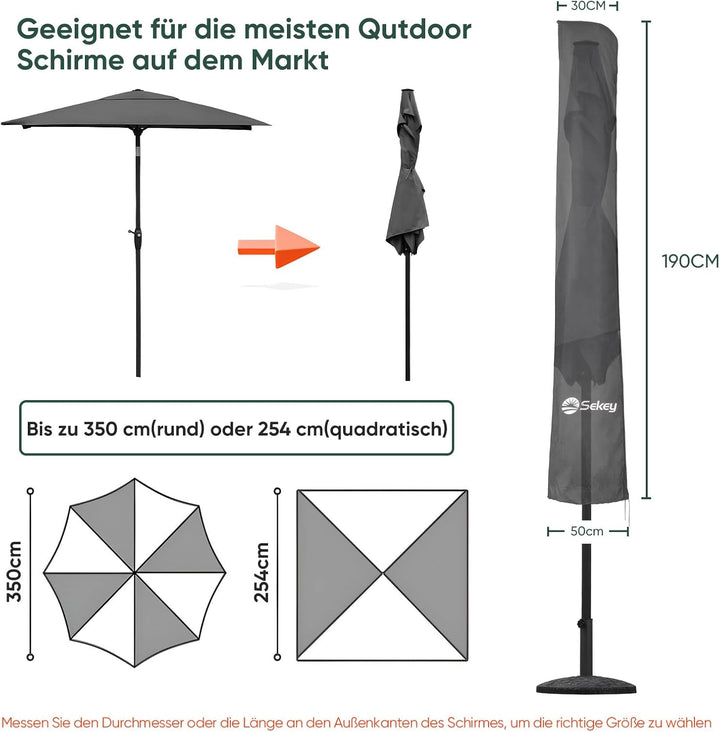 Sekey Sonnenschirm Schutzhülle mit Stab, Abdeckhauben für Ø 350cm / 200x300cm Gartenschirm, 190×30/5