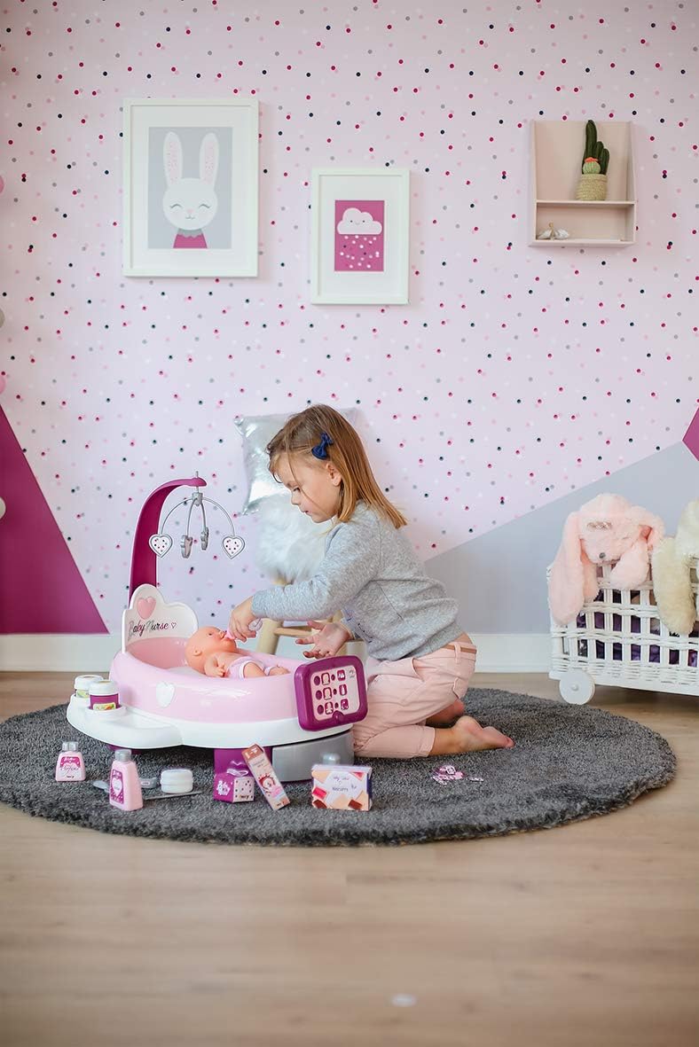 Smoby - Baby Nurse elektronische Puppenpflege-Station - Puppenbett mit Mobile, elektronisches Bedien