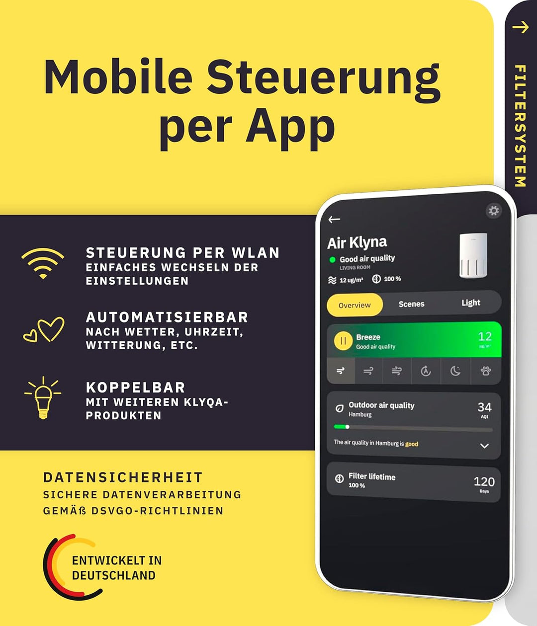 Luftreiniger Allergiker 360° HEPA-Filter Leaf entfernt 99,99% der Tierhaare, Staub & Pollen I 300 CA