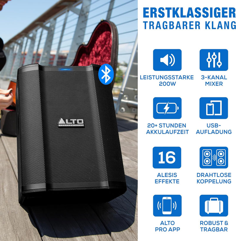 Alto Professional Busker 200W tragbares PA Lautsprechersystem mit Akku, Bluetooth, 3-Kanal Mixer, Al