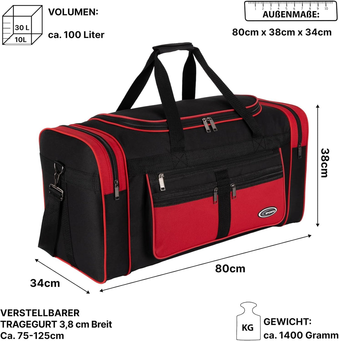 Sporttasche, Reisetasche und Fitnesstasche für Damen und Herren- Tainingstasche, Gym Bag (Rot, L 80