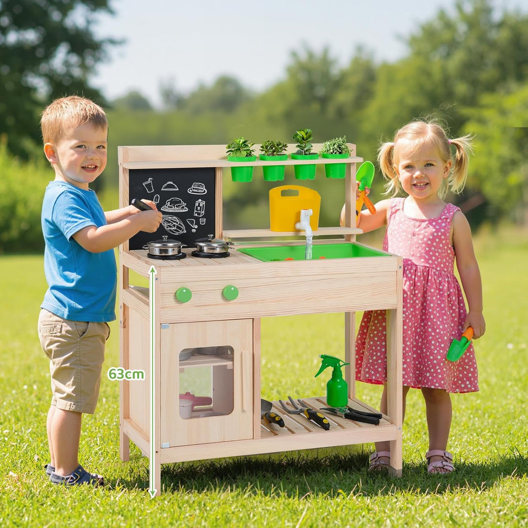 COSTWAY Matschküche Kinder, Outdoor Spielküche inkl. Zubehör mit Kreidetafel, Herd, Wasserhahn, Spül