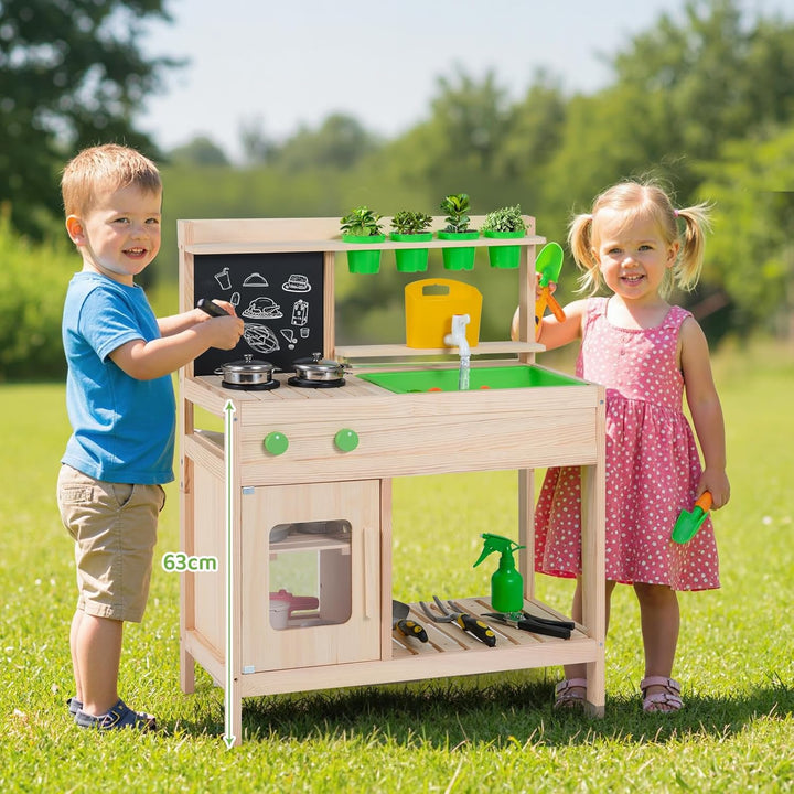 COSTWAY Matschküche Kinder, Outdoor Spielküche inkl. Zubehör mit Kreidetafel, Herd, Wasserhahn, Spül