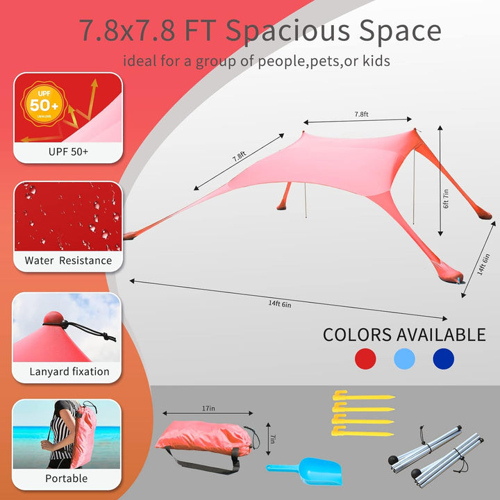 CUUPO Strandzelt, Sonnenschutz, LSF 50+, UV-Schutz, Outdoor-Baldachin, Sonnenschutz mit 2 Stangen fü