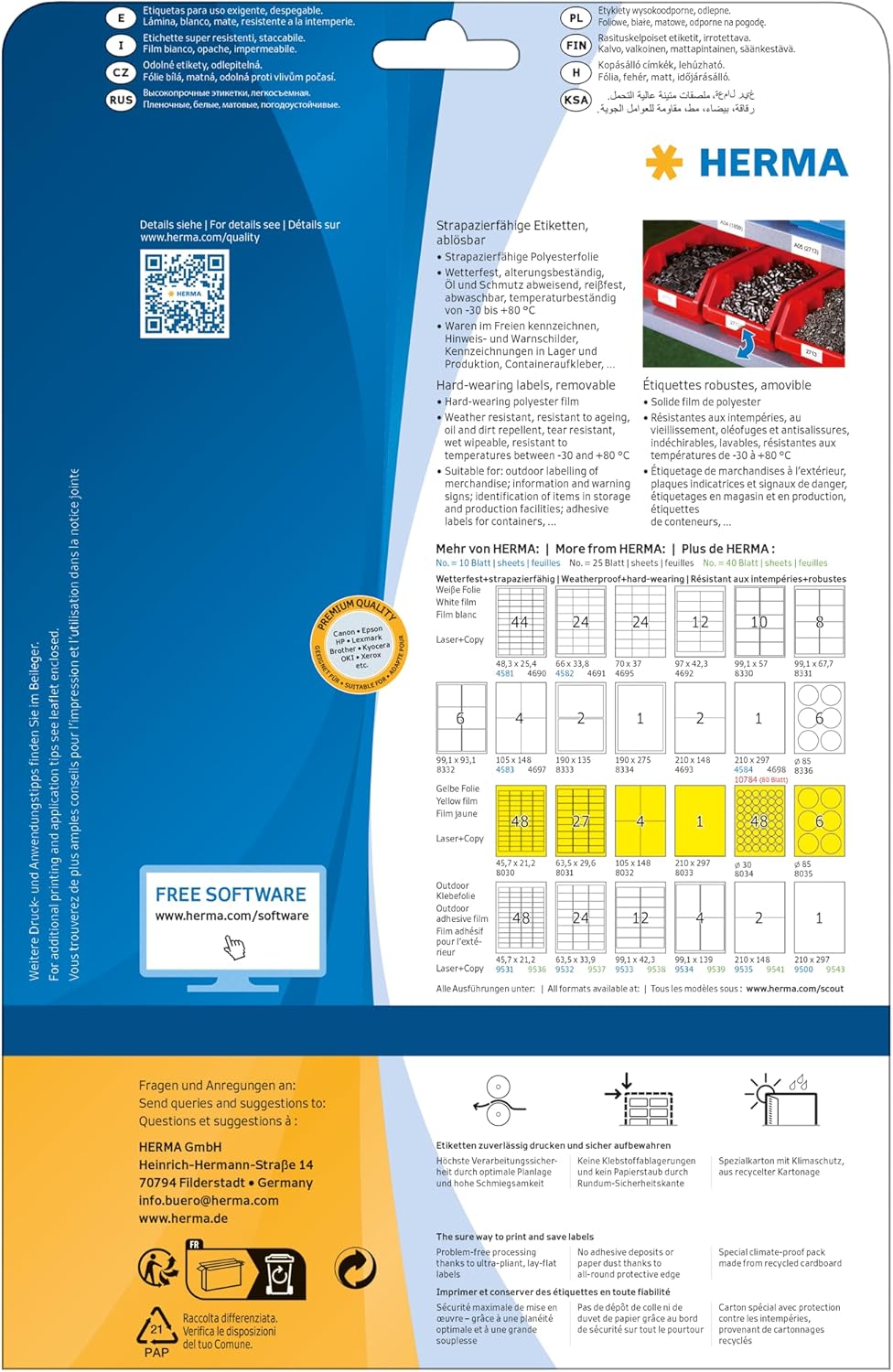 HERMA 4572 Wetterfeste Folienetiketten ablösbar, 20 Blatt, 48,3 x 25,4 mm, 44 Stück pro A4 Bogen, 88