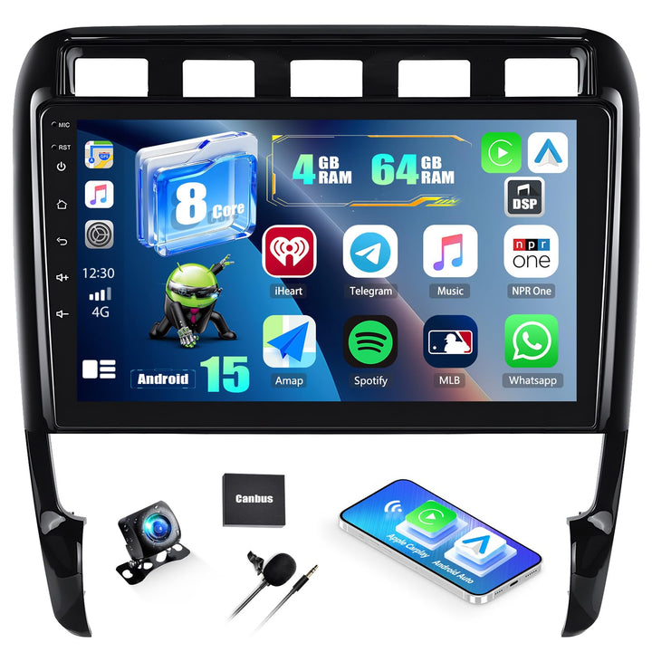 CAMECHO Qualcomm 8-Kern 4+64G Android 15 DSP Autoradio für Porsche Cayenne 2002-2010 mit Rückfahrkam