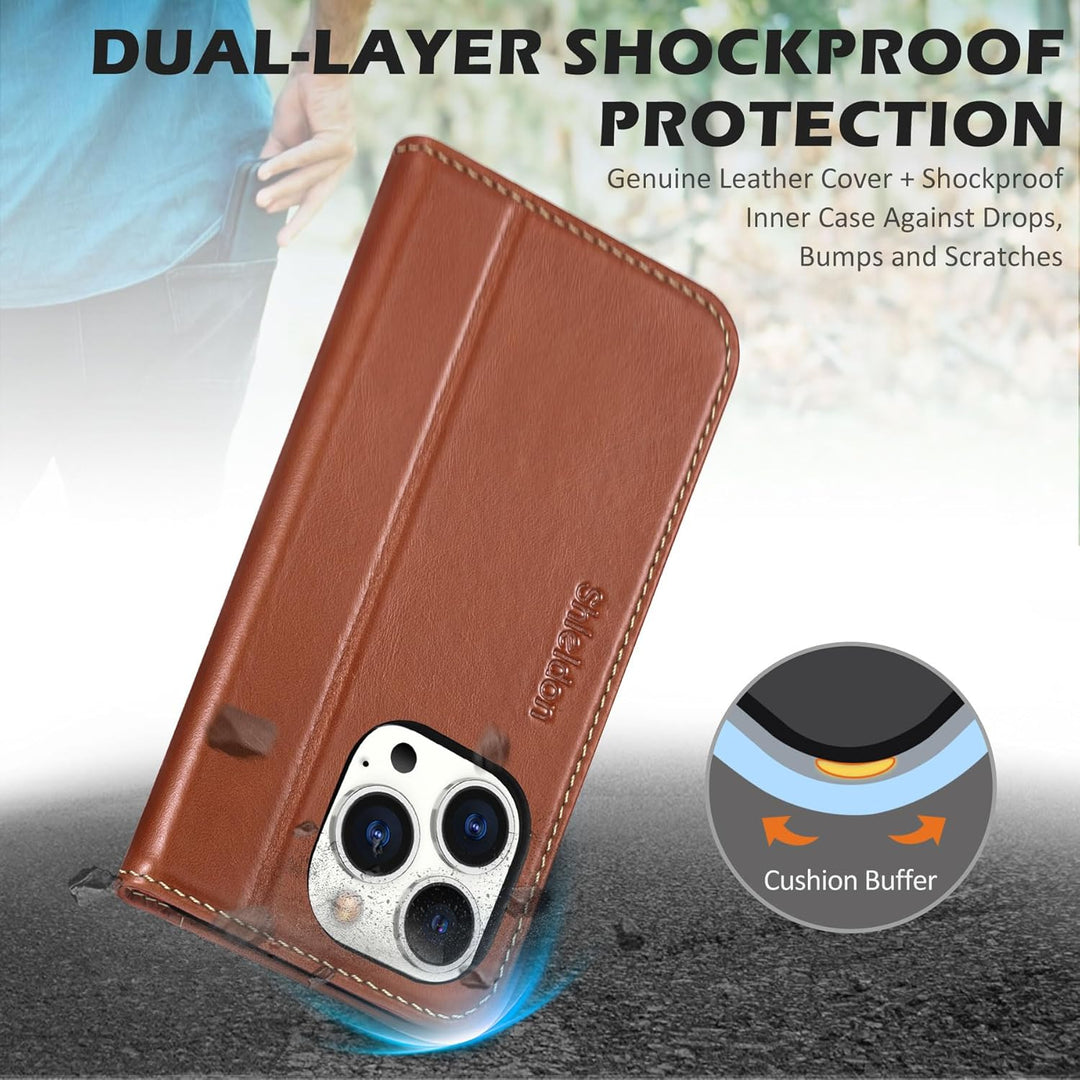 SHIELDON Hülle für iPhone 14 Pro Handyhülle TPU [Echtleder] [Kartenfach] [Magnet] [Standfunktion] [R