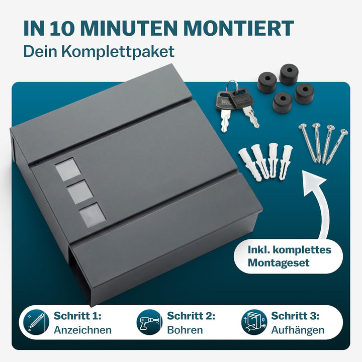 MONZANA® Briefkasten Design Stahl mit Zeitungsfach Sichtfenster 2 Schlüssel Zeitungsrolle Wandbriefk