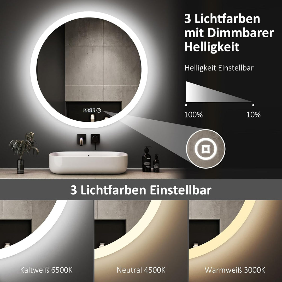 Boromal Badspiegel Rund 60cm Badezimmerspiegel mit Uhr und Beleuchtung 3 Lichtfarbe Dimmbar 3000-650