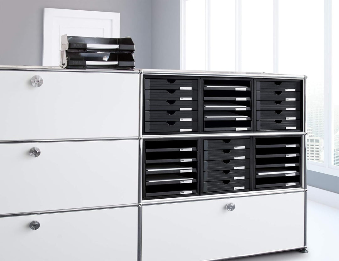 HAN Schubladenbox SCHRANK-SET mit 5 offenen Schubladen für Unterlagen bis DIN C4, auf dem Schreibtis