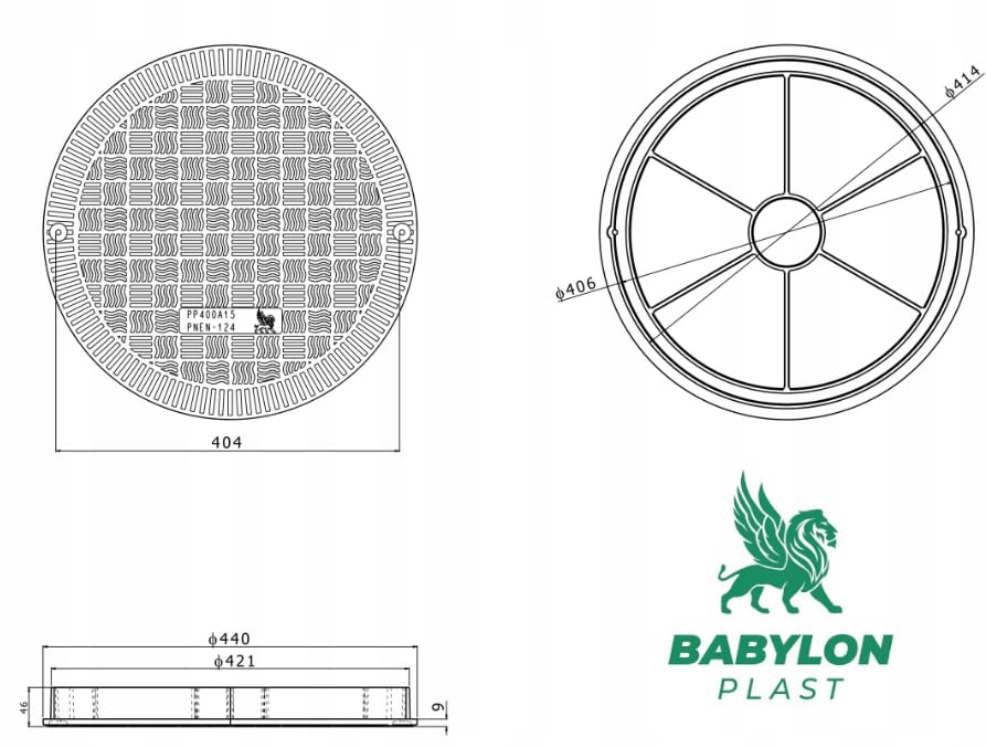 BABYLONPLAST Schachtabdeckung, Kanaldeckel, DN400, Kunststoff Schachtdeckel 15 kN - Passend für Ø400