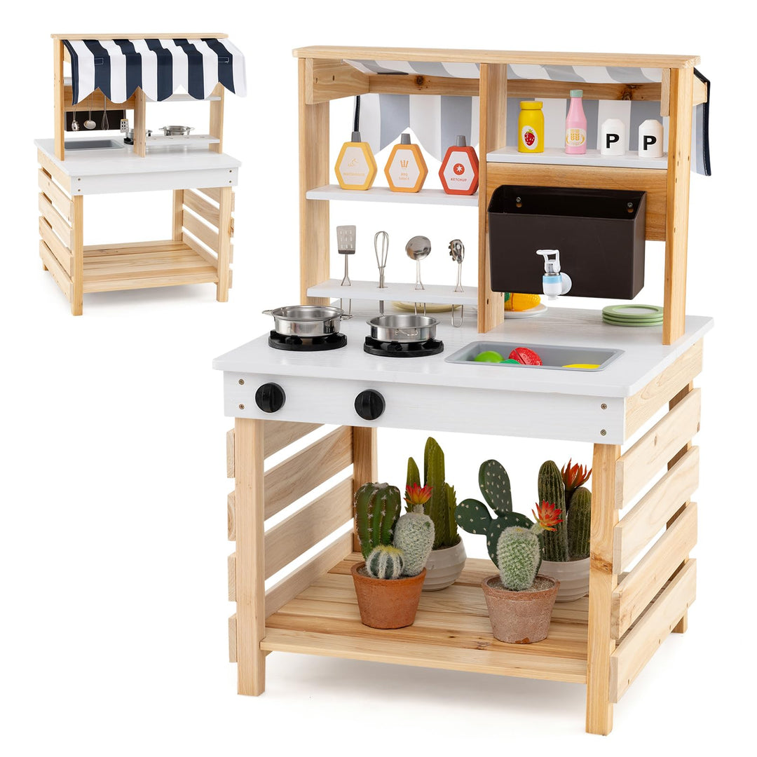COSTWAY Matschküche Kinder Outdoor, Kinderküche Tannenholz mit Wasserfunktion, Doppelseitige Spielkü