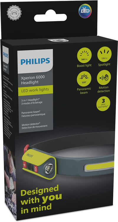 Philips Xperion 6000 LED-Kopflampe, wiederaufladbare Stirnleuchte mit Panorama-Leuchtfeld (300lm) un