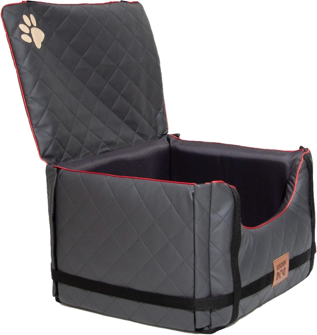 Golden Dog - Transportbox Hund mit Sicherheitsgurt S-45x35x33 cm - Leder Imitation Autositz Hund, Wa