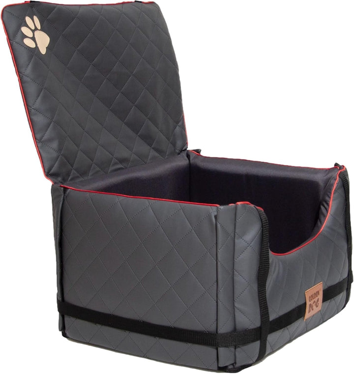 Golden Dog - Transportbox Hund mit Sicherheitsgurt S-45x35x33 cm - Leder Imitation Autositz Hund, Wa