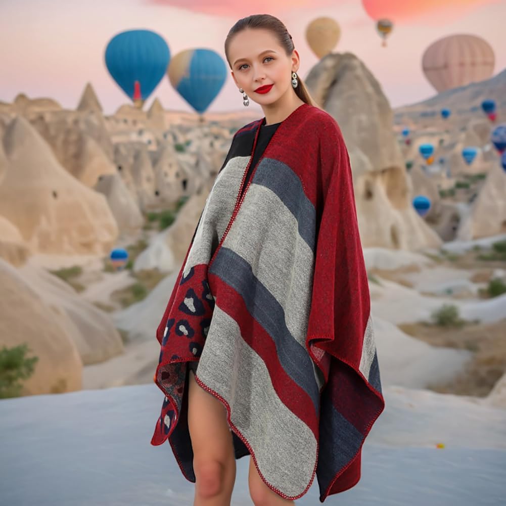 Shmily Girl - Damen Poncho Habe Gestrickt Überdimensionalen Decke Kap-Schal Leopard / Rot, Leopard /