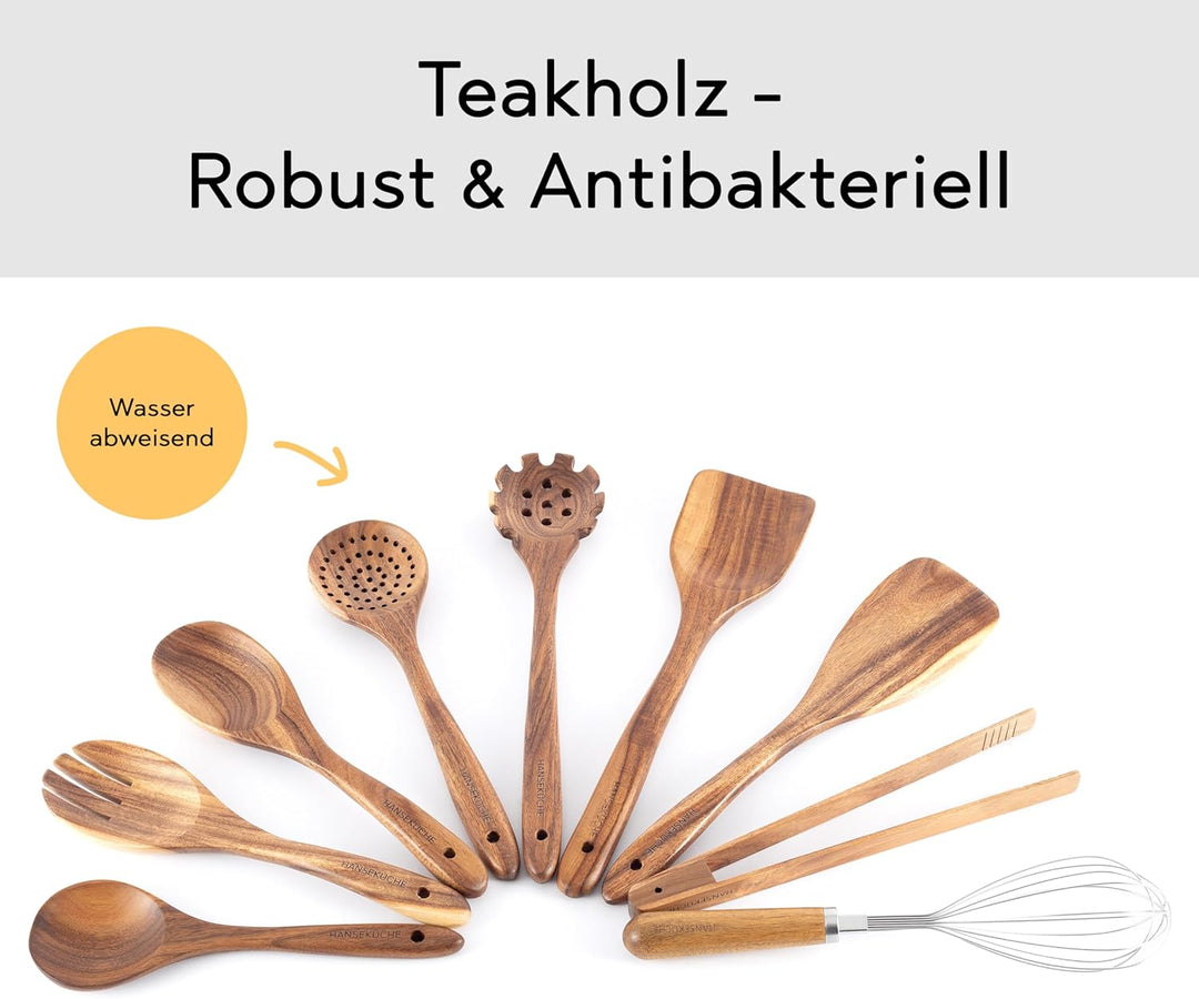 Küchenhelfer Set aus Holz - Grillzange, Schneebesen, Pfannenwender, Holzlöffel und Nudelschöpfer 9 t