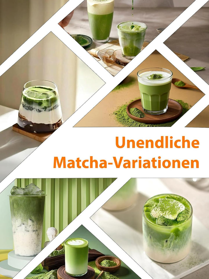 Matcha Set mit Matcha Besen, Keramikschale (560ml, Orange-Käse-Design), Löffel und Zubehör | Set mit