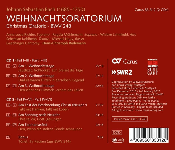 Bach: Weihnachtsoratorium BWV 248, Audio-CD