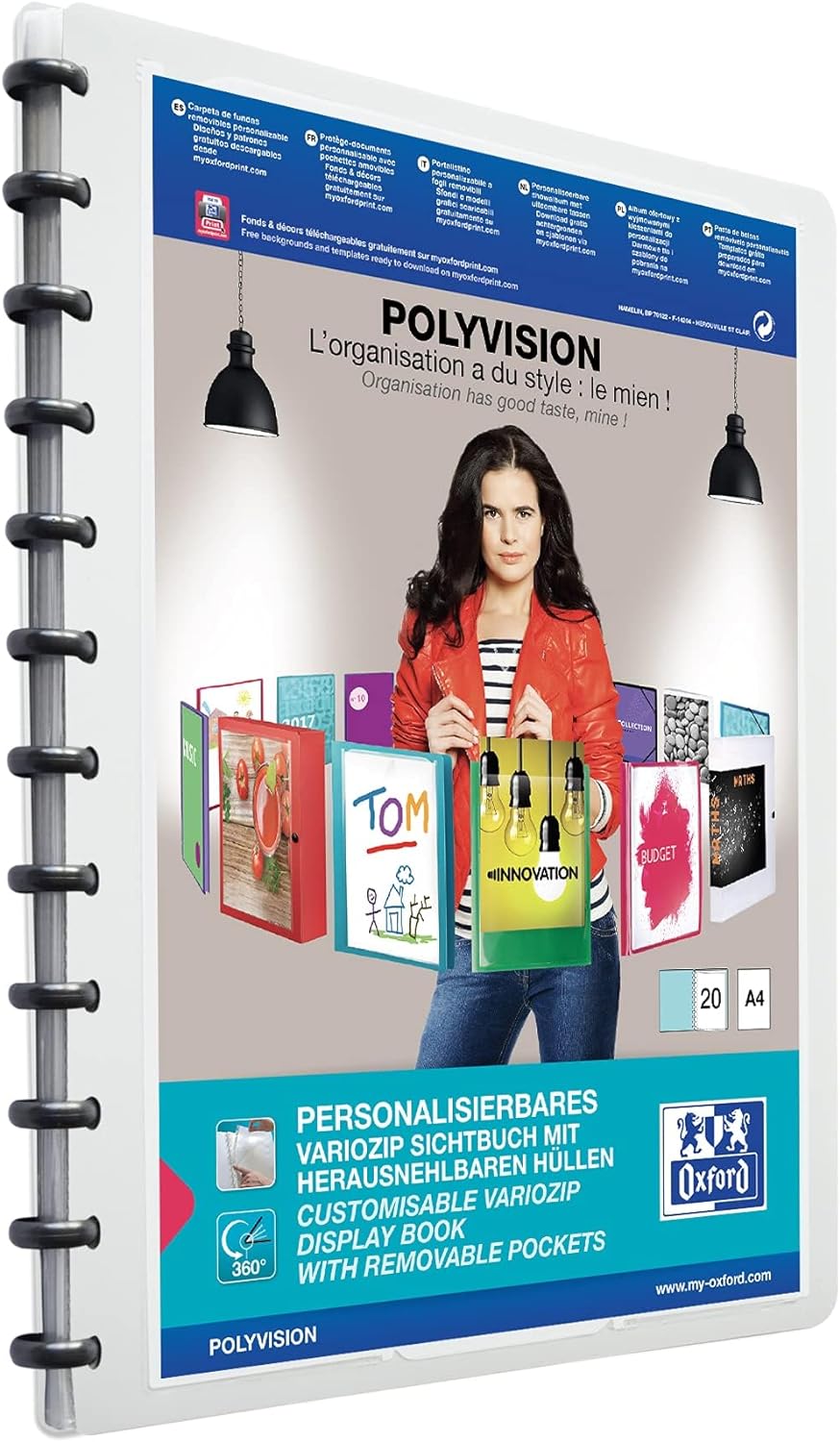 Oxford polyvision Ringmappe A4, mit vario-zipp, 20 Hüllen, weiss, 5er Pack weiss Single, weiss Singl
