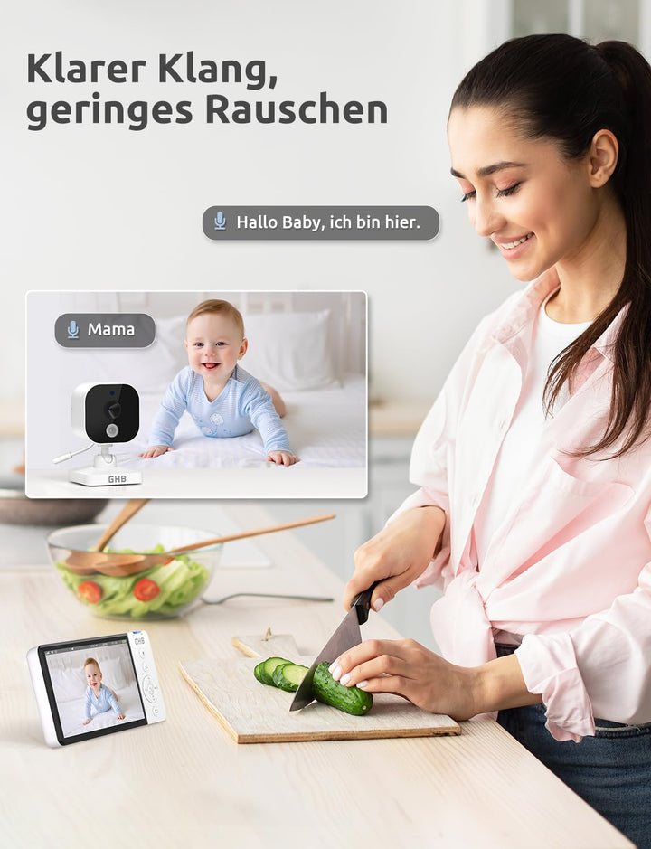GHB Babyphone mit Kamera 5 Zoll HD 5000mAh IPS-Display 720P VOX-Modus 4X Zoom Nachtsicht Temperatura