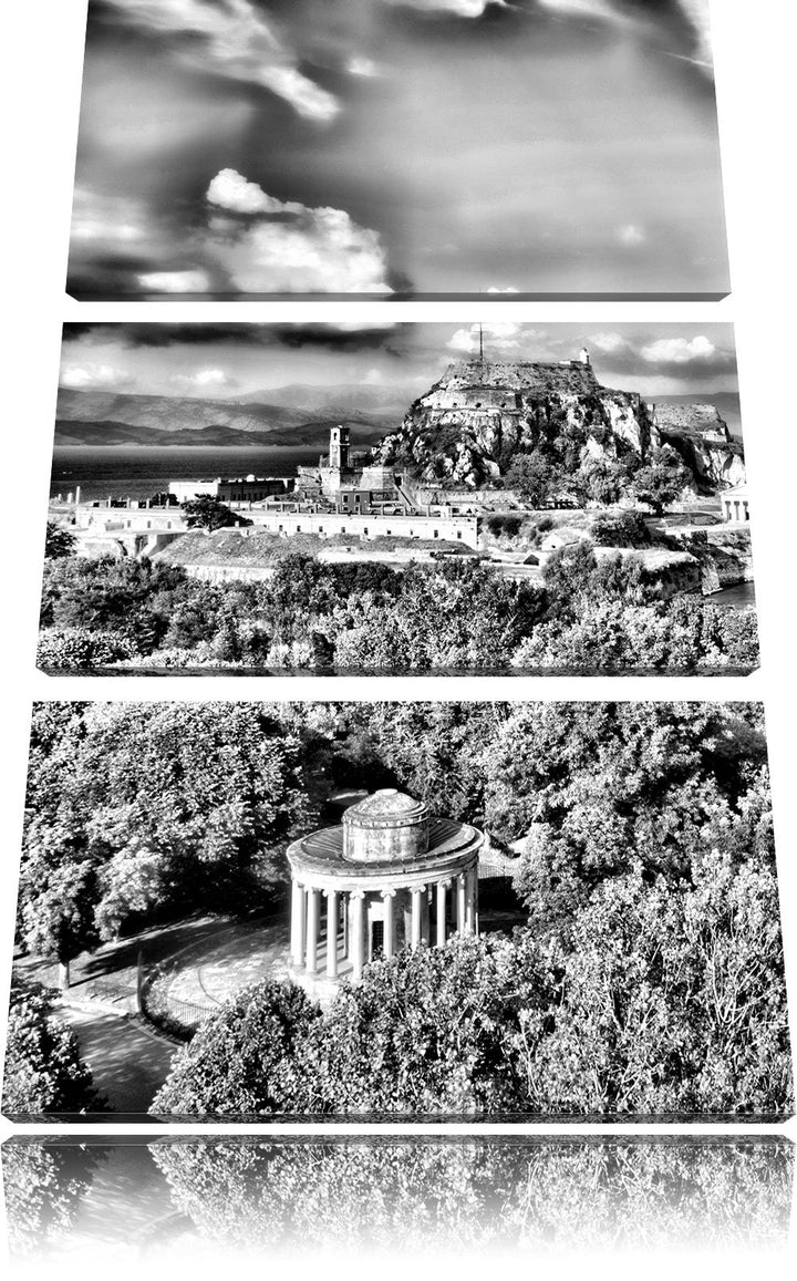 Pixxprint Monocrome, Griechische Entspannungsoase 3-Teiler Leinwandbild 120x80 Bild auf Leinwand