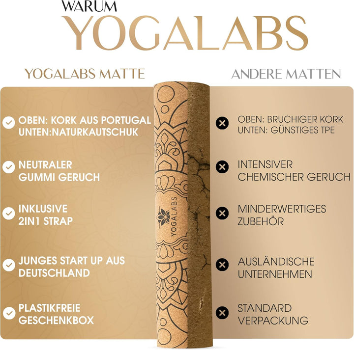 YOGALABS® - Premium 2-in-1 Yoga-Matte aus Kork & Naturkautschuk inkl. Tragegurt 183 x 61 x 0,4cm (gr