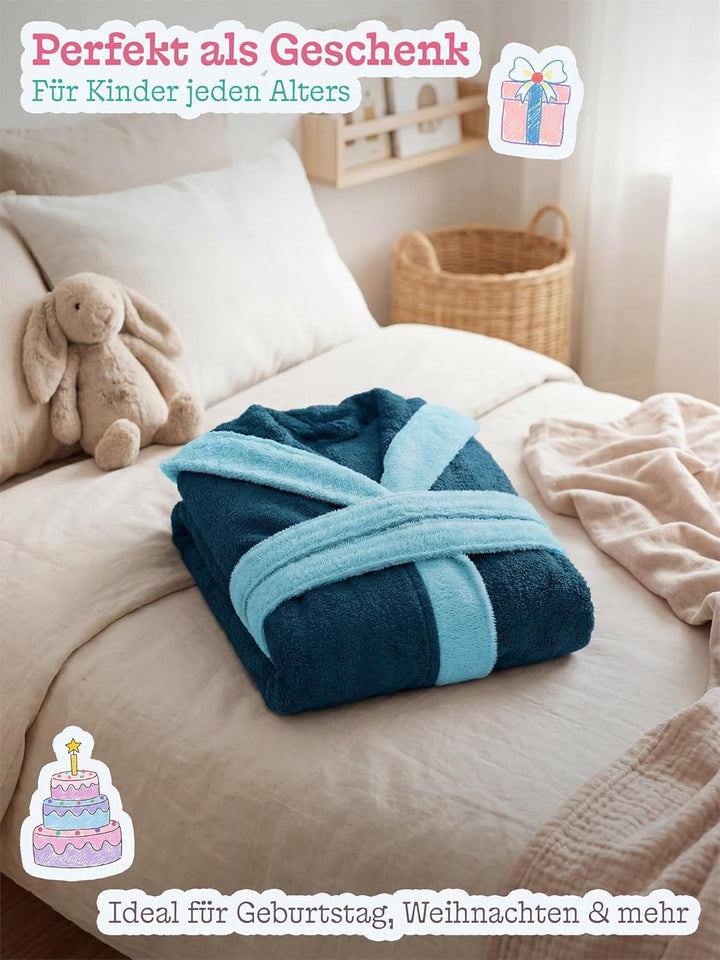 normani Kinder-Bademantel mit Kapuze aus 100% Bio-Baumwolle - für Jungen und Mädchen, 98-104 Blau
