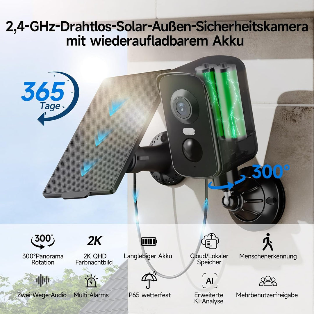 Kabellose Überwachungskamera aussen Solarbetrieben, kamera überwachung mit 64GB MicroSD-Karte Bewegu