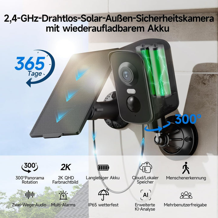 Kabellose Überwachungskamera aussen Solarbetrieben, kamera überwachung mit 64GB MicroSD-Karte Bewegu