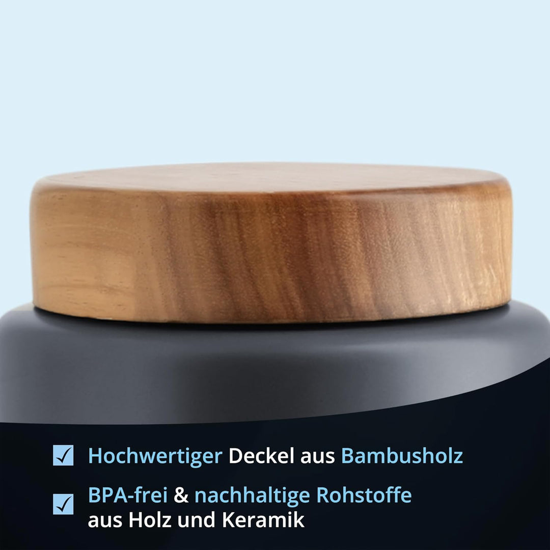 KHG Zucker Aufbewahrung, Zuckerdose Keramik Steingut poliert Anthrazit Grau Holz-Deckel Bambus, Zuck
