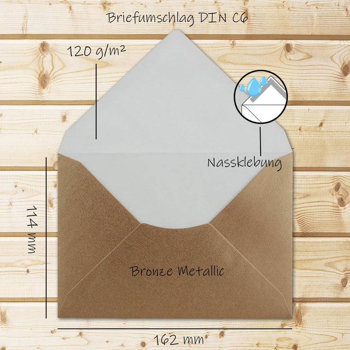 400 Brief-Umschläge - Bronze Metallic - DIN C6-114 x 162 mm - Kuverts mit Nassklebung ohne Fenster f